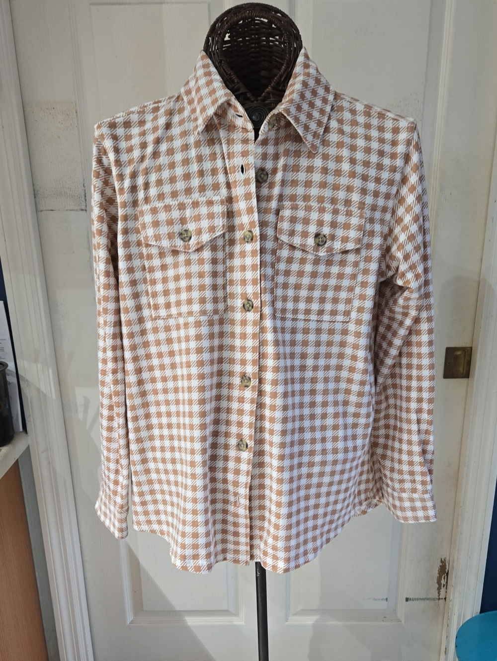 Wallflower Beige and White Check Button-Down Shirt-XL